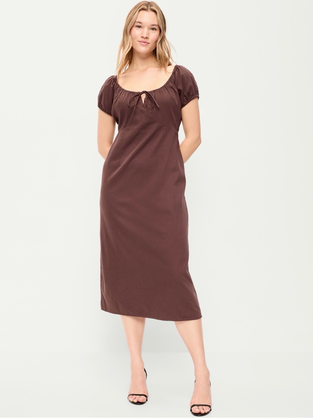 Old Navy Brown Puff-Sleeve Midi Dress with Scoop Neck 100% Cotton